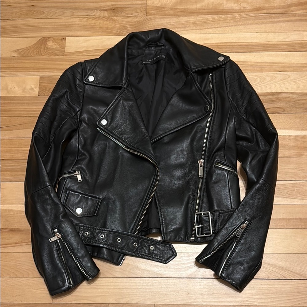 Zara Black Leather Biker Jacket with Silver Accents